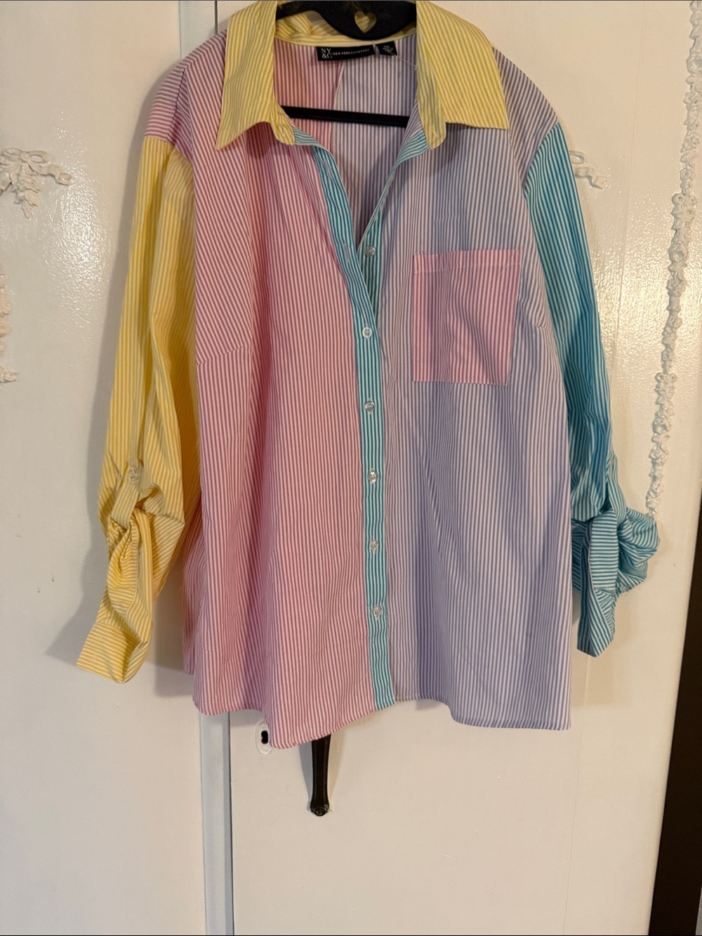New York & Company Pastel Stripe Button-Down Shirt - Yellow Pink Blue